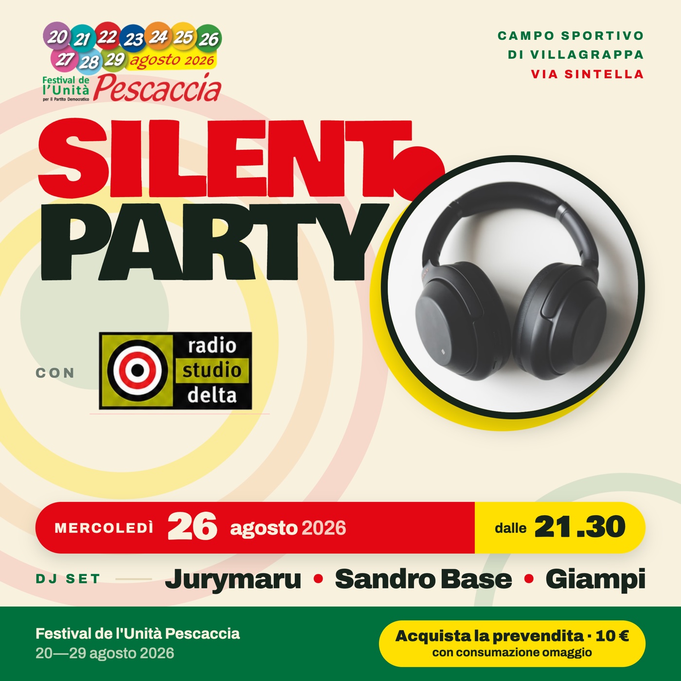 Locandina del Silent Party di mercoledi' 26 agosto 2026 alla Festa de l'Unita' della Pescaccia, Villagrappa di Forli'
